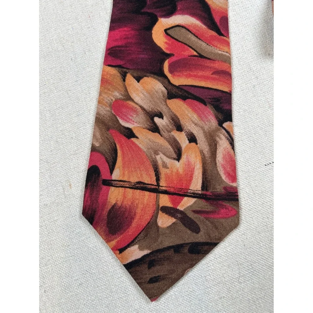 Alessio Mens Silk Tie Abstract Floral Burgundy Orange Tan Made in USA 3.75 Inch
